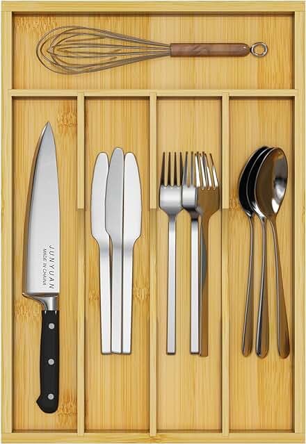 Bamboo Utensil Organizer for Kitchen Drawers, Utensil Tray and Cutlery Silverware Holder,Wood Drawer Dividers with 5 Slots