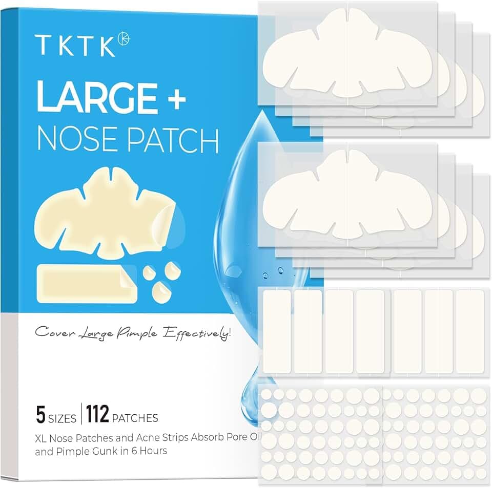 TKTK Hydrocolloid Nose Patches, XL Nose Pore Strips 91 x 48 mm, Large Hydrocolloid Acne Pimple Patches for Face, Cover Zit Blemishes & Absorb Oil (Nose Contoured, Strip, Dots 5 Sizes 112 Count)