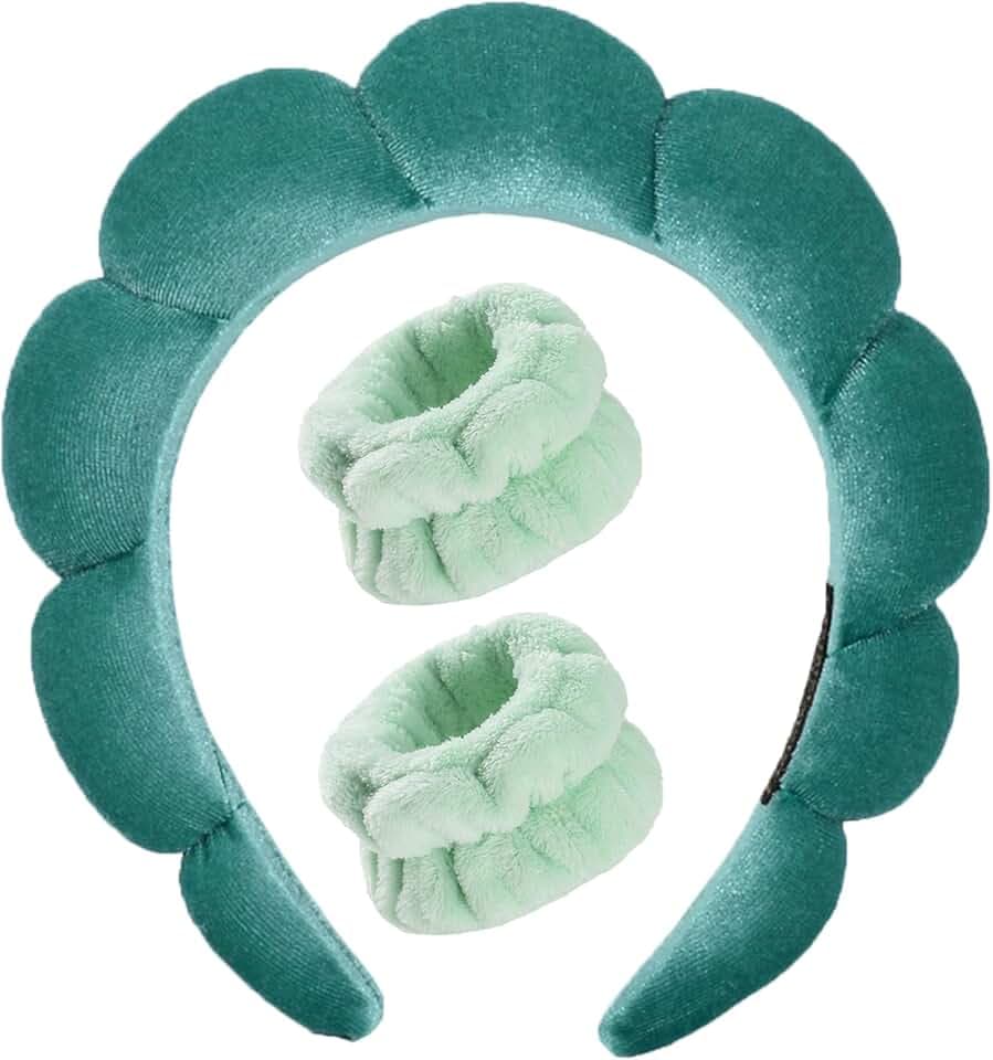 Luckybear Spa Headband for Washing Face, Velvet Makeup Headband, Bubble Skincare Head bands with Face Wash Wristbands Sponge Puff Head band for Women Skin Care - Green
