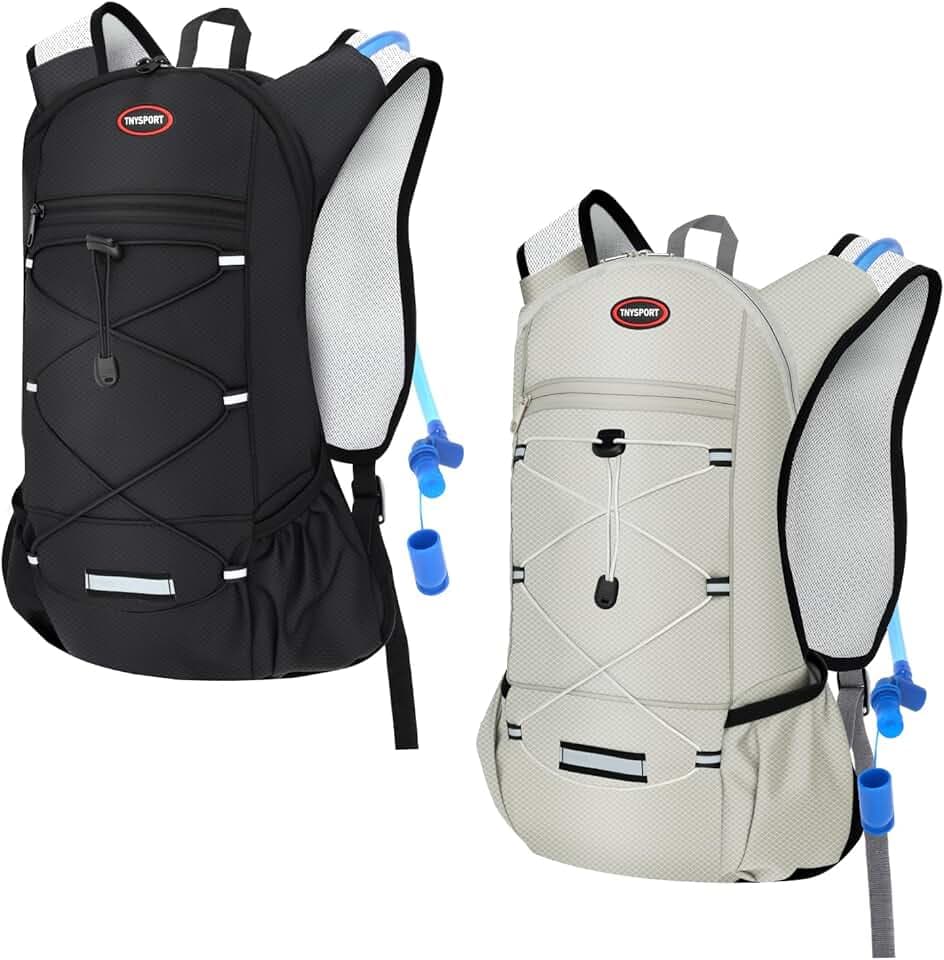 2 Pack Hydration Backpack Pack with 2L Hydration Bladders, TNYSPORT Lightweight Breathable Water Backpack with Multiple Pockets, Reinforced Shoulder Straps for Hiking, Running, Biking