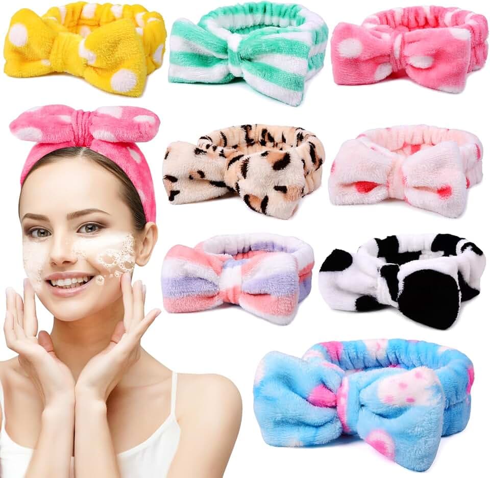 UMIKU 8 Pack Spa Headband for Women Facial Makeup Headband Soft Coral Fleece Christmas Stocking Stuffers Bow Hair Band Head Wraps for Washing Face Mask Spa Gifts For Women Gifts Basket