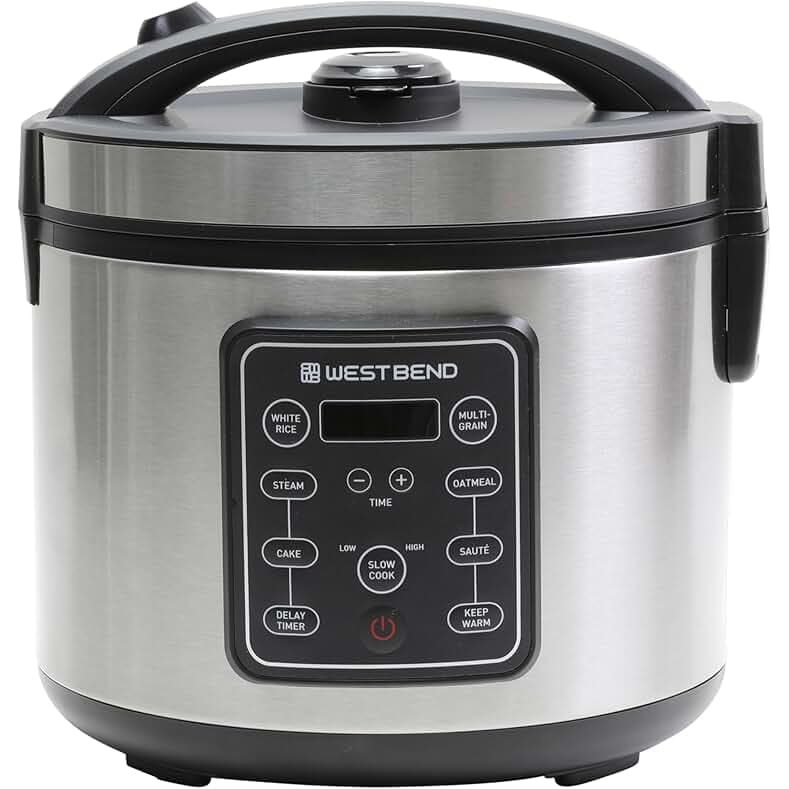 West Bend Rice & Grain Multi Cooker Programmable with 9 Preset Functions, Features Delay Start and Keep Warm Functions and Steam Basket, 20 Cups Cooked, Stainless Steel