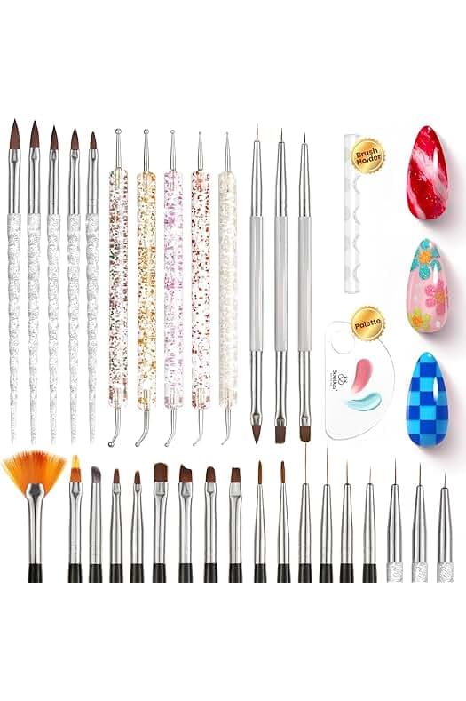 Beetles 31pcs Nail Art Brushes, Dotting Tools, Nail Art Pens, Dust Brush, Striping Liner Fingernail Drawing Pens with Palette Holder All in One for Starter Manicure Design Set