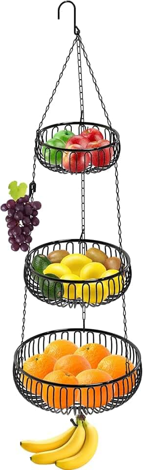 Simple Houseware Adjustable Metal Hanging Fruit Basket, Oblate, Black, 11" W x 11" L x 30" H