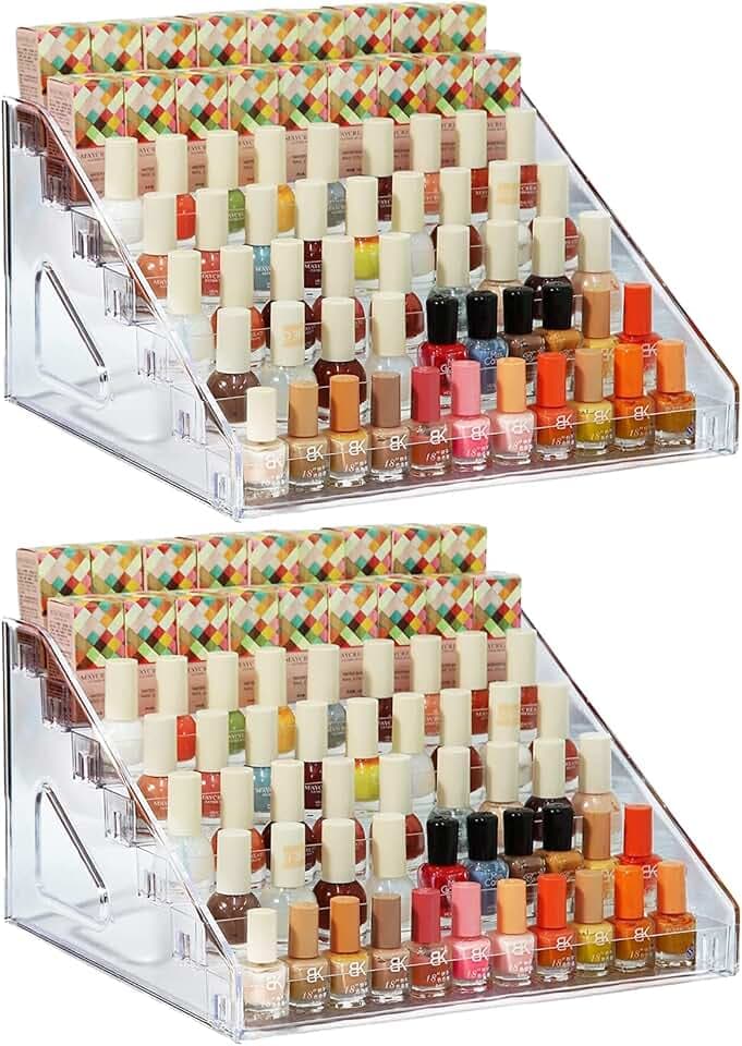 Nail Polish Organizer 84 Bottles of 7 Layers Sunglass Organizer Acrylic Display Rack Eyeglasses Storage Essential Oils Holder Makeup Organizer No Tool Needed Assembly, Clear (2 Pack)