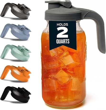 County Line Kitchen Glass Mason Jar Pitcher with Lid - Wide Mouth, 2 Quart (64 oz) - Heavy Duty, Leak Proof - Sun & Iced Tea Pitcher, Cold Brew Coffee, Breast Milk Storage, Water - Gray