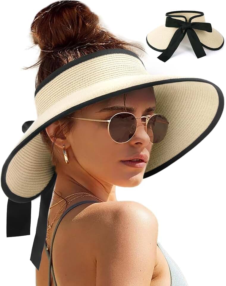 Camptrace Sun Visors for Women Wide Brim Beach Hat Foldable Straw Visor Hat Ponytail Summer Packable UPF 80+