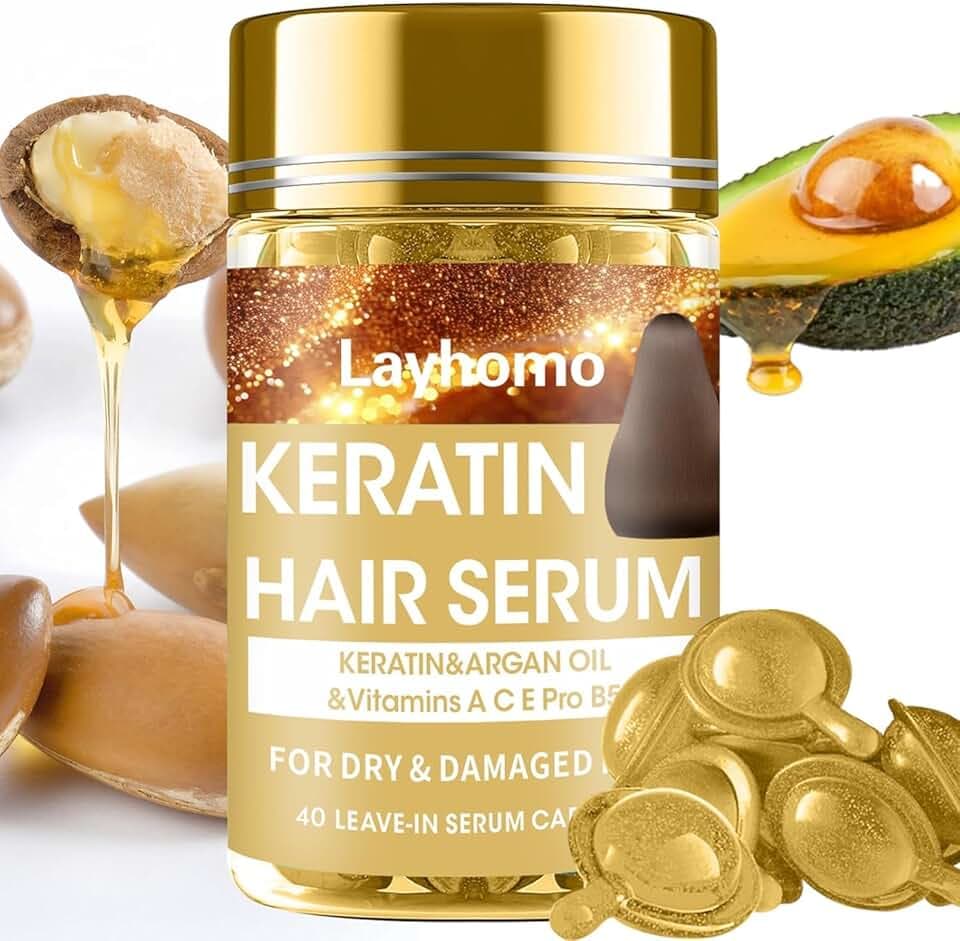 Keratin Hair Treatment Serum,Hair Treatment Oil for Dry Damaged Hair,Hair Oil Capsules with Keratin,Argan Oil-Leave-in Anti Frizz Conditioner with Vitamins A, C, E & B5- No Rinse for All Hair Types
