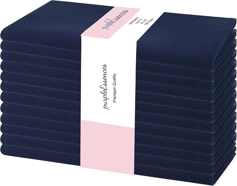 PurpleEssences Set of 12 Cloth Dinner Napkins 100% Cotton 18x18 Inch - Soft Durable Washable - Ideal for Farmhouse Party Spring Summer - Perfect Everyday Use Table Linen - Navy Blue