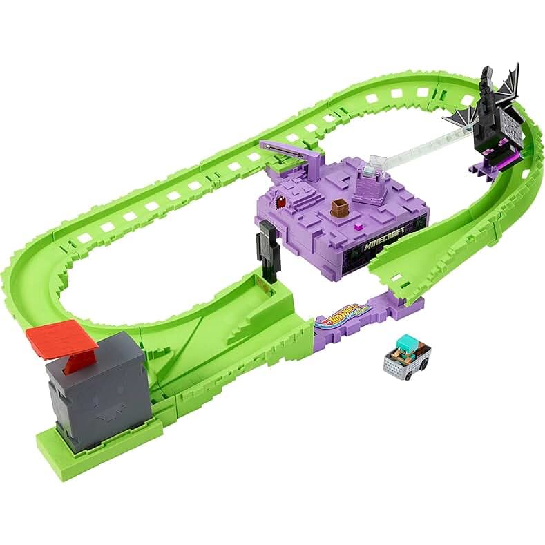 Hot Wheels Toy Car Track Set, RacerVerse Minecraft Playset & Die-Cast Diamond Armor Steve in Minecart Vehicle, Launch & Race to Defeat Ender Dragon