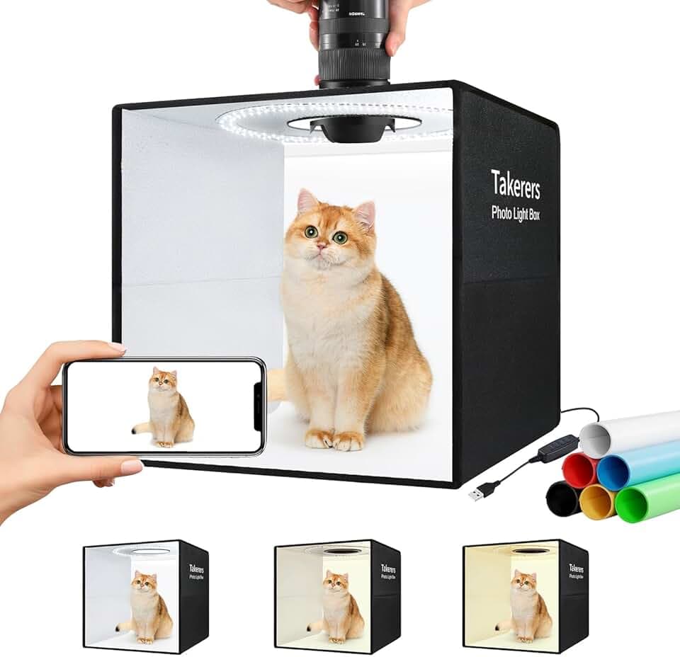 Takerers 16"x16"x16" Photo Studio Light Box Photography Booth with 120 LEDs, 3000-5700k Adjustable, 6 Color Backdrops, Dimmable Folding Shooting Tents for Product