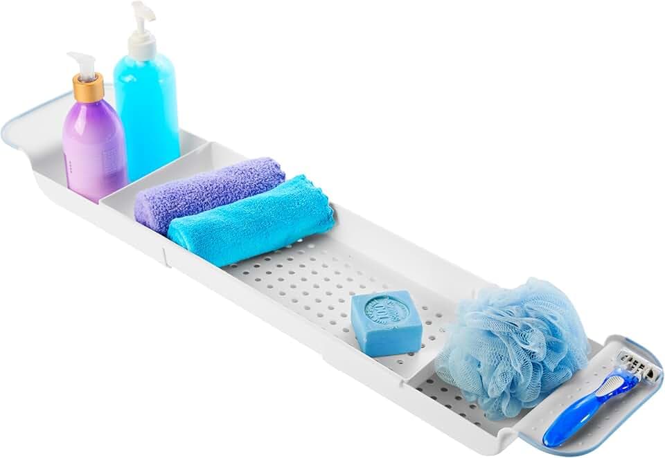 Madesmart Expandable Bath Tray for Bathtubs, Plastic Shower and Bath Shelf Caddy, White, Multifunctional Bathtub Bathroom Organizer