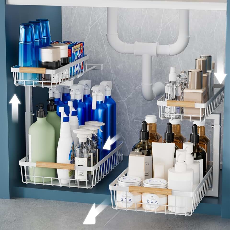 2 Pack Under Sink Organizers and Storage, Height Adjustable Cabinet Organizer Pull Out Drawer, 2 Tier Metal Under Kitchen Bathroom Sink Organizer, White, VF-JT01-WH