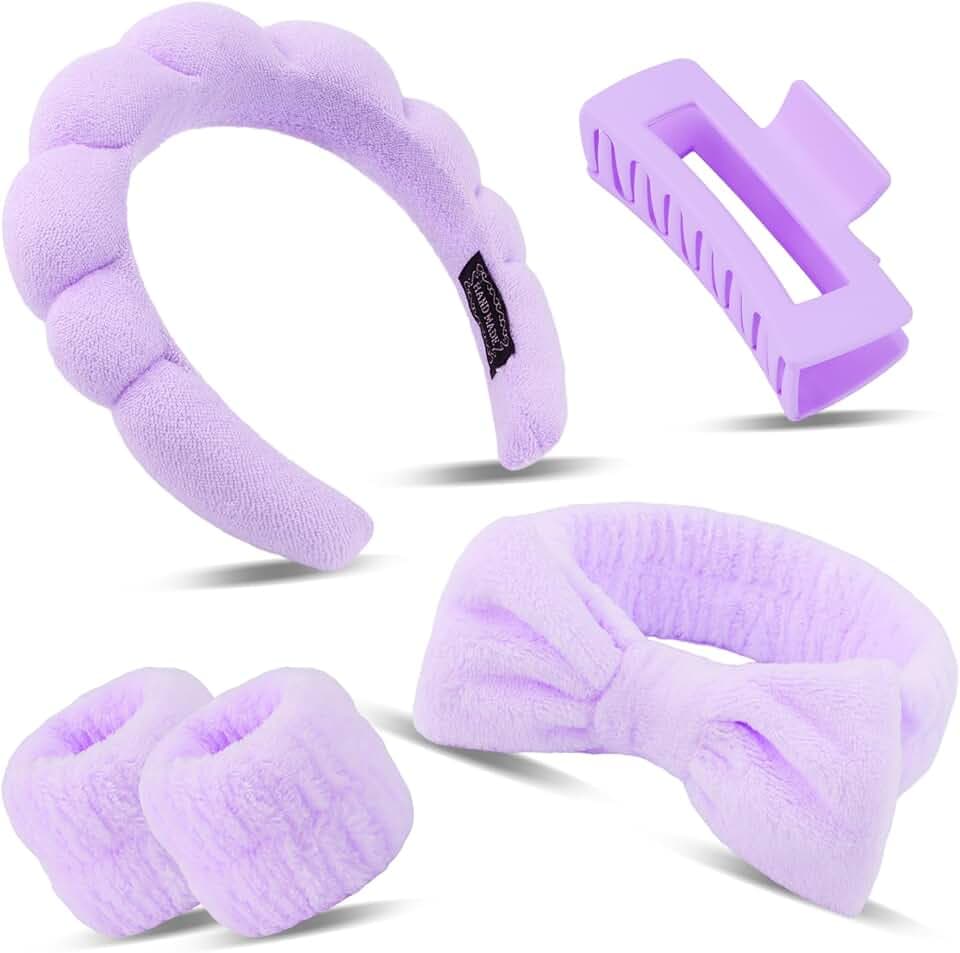 Canitor Spa Headband Wrist Bands Set with Hair Clips Skincare Washing Face Skin Care Puffy Makeup Preppy Teen Girl Gifts Cute Trendy Stuff Fashion Hair Accessories for Women (purple)