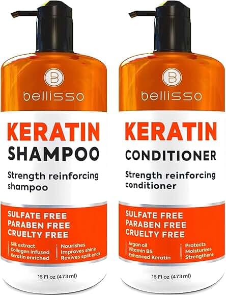 Keratin Shampoo and Conditioner Set - Sulfate Free and Paraben Free - Salon Thickening Treatment for Dry, Damaged, Curly, Frizzy, Straight or Color Treated Hair - Anti Frizz Formula for Women and Men