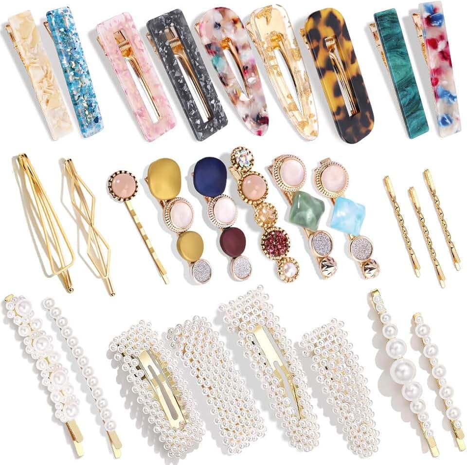 28 PCS Hingwah Pearls and Acrylic Resin Hair Clips, Handmade Hair Barrettes, Marble Alligator bobby pins, Glitter Crystal Geometric Hairpin, Elegant Gold Hair Accessories, Gifts for Women Girls