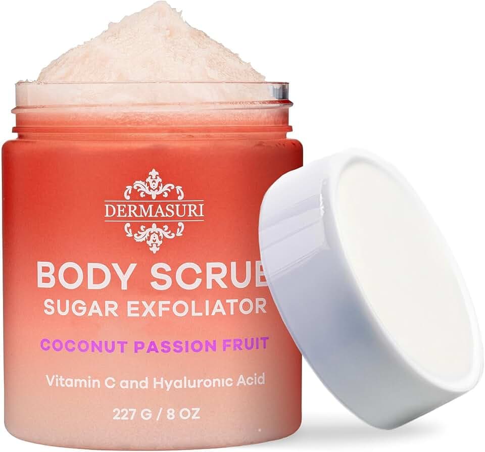 Dermasuri Exfoliating Sugar Scrub - Body Scrubber for Men & Women - Exfoliates & Removes Dead & Dry Skin for a Soft & Radiant Glow - Deep Hydration & Moisture - Coconut Passion Fruit