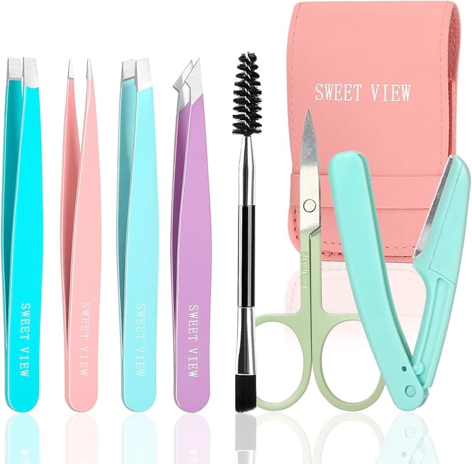 7pcs Eyebrow Tweezers Kit for Women Precision Plucker with Brow Scissors & Razor & Spoolie for Facial