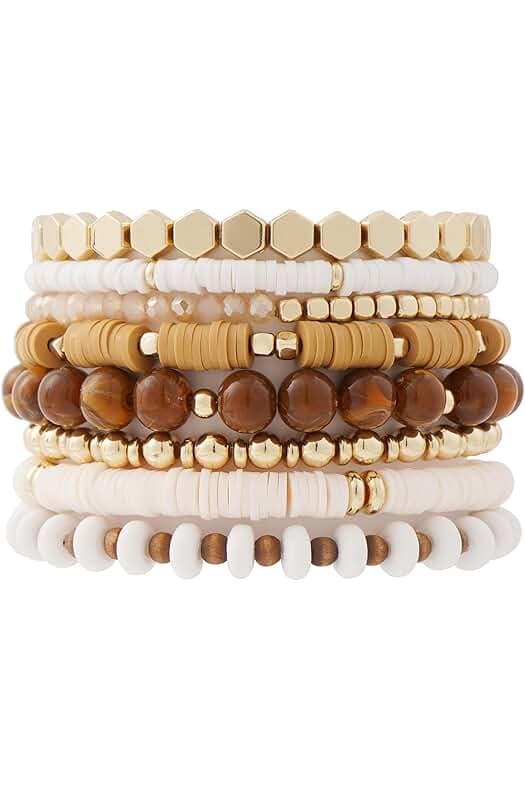 GOOJIDS Surfer Heishi Clay Bead Bracelets for Women Bohemian Stackable Gold Beaded Stretch Bracelets Elastic Layering Friendship Bracelets Set Boho Jewelry