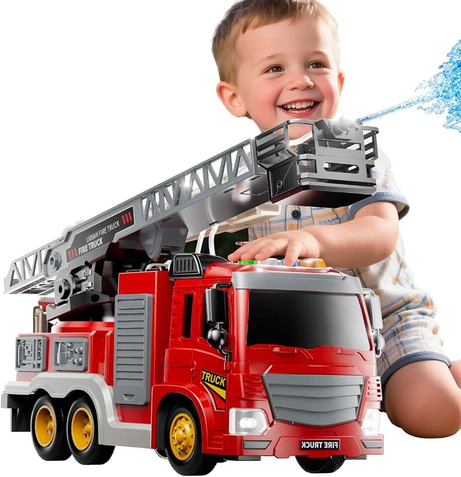 Fire Truck Toy with Lights and Sound for Kids 3-8 Years Old - Playset with Rotating Ladder, Vehicle Toys for Boys 5-8, City Cars Toyset, Birthday Gifts for Girls Toddlers 1-3+