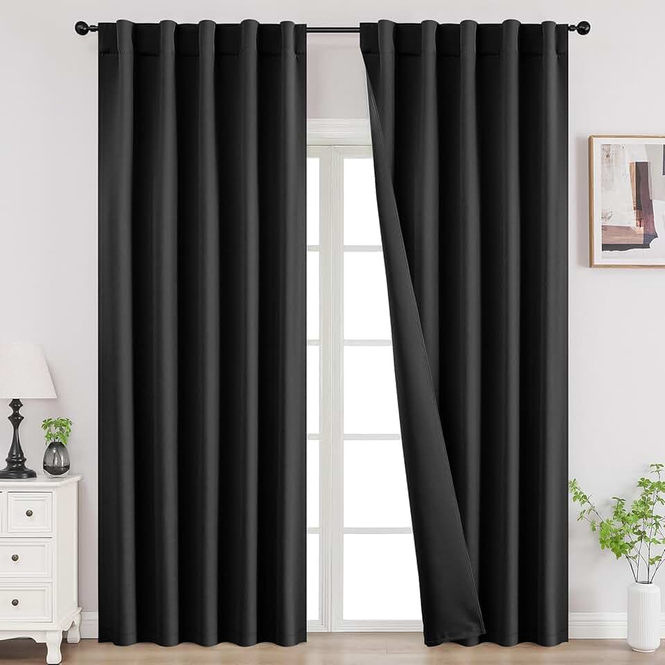 Joydeco Black Blackout Curtains 96 Inches Long, Thermal Insulated Curtains 2 Panels Set for Bedroom, Room Darkening Drapes for Living Room Window (W52 x L96 Inch, Black)