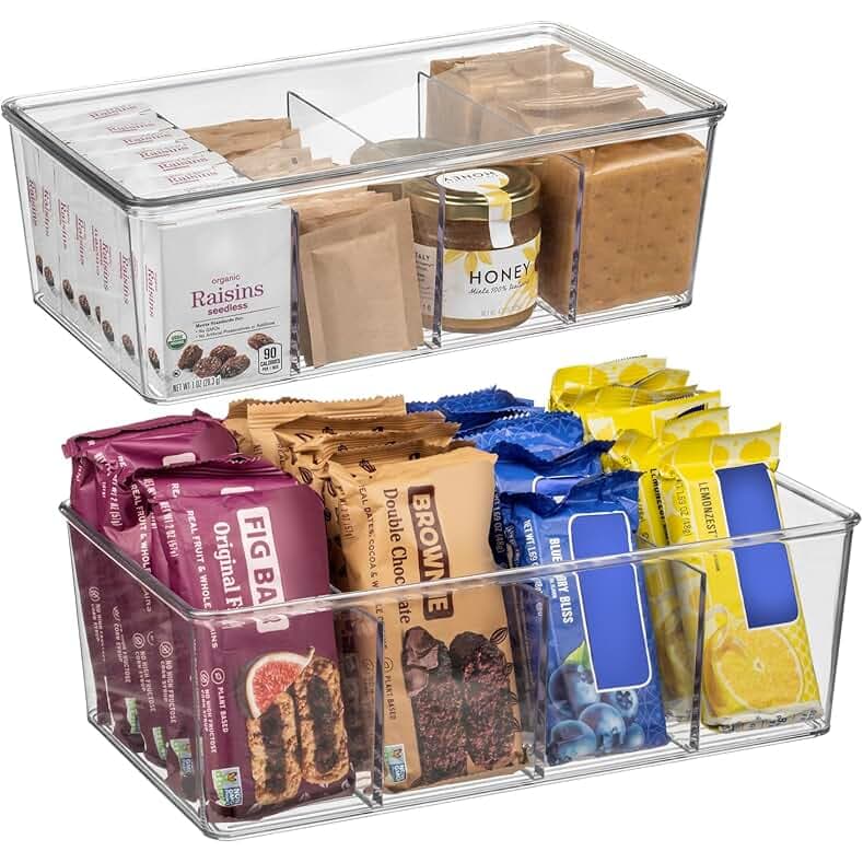 ClearSpace Plastic Pantry Organization and Storage Bins with Dividers & Lids – Perfect Kitchen Organization or Kitchen Storage – Fridge Organizer, Refrigerator Bins, Cabinet Organizers, 2 Pack