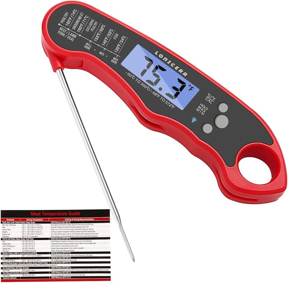 Lonicera Digital Thermometer for Cooking Food and Meat. Waterproof & Instant Read for Kitchen Baking, BBQ. with Foldable Probe, Backlight & Calibration (Red)