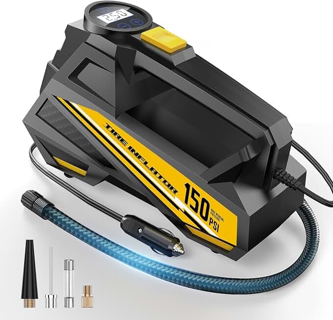 Tire Inflator Portable Air Compressor - DC 12V Air Pump for Car Tires with 150PSI LCD Digital Gauge & Emergency LED Light