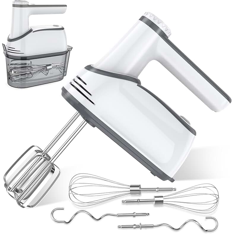 Cordless Electric Hand Mixer: 12 Speeds Powerful Handheld Mixer with 6 Stainless Steel Attachments (2 Beaters, 2 Dough Hooks, 2 Whisks), Snap-On Storage Case & Eject Button (White)