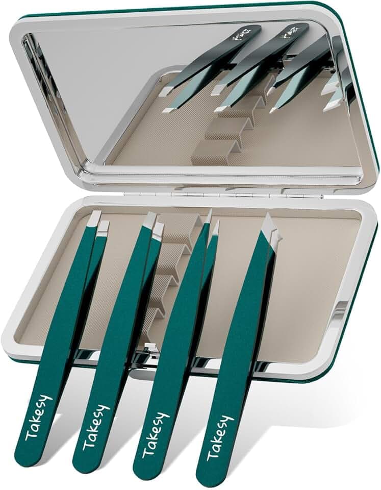 Upgraded Sharp Precision Tweezers for Facial Hair & Chin Hair, Slanted Design for Women & Men Eyebrow Plucker, Great with Travel Mirror Case (Green)