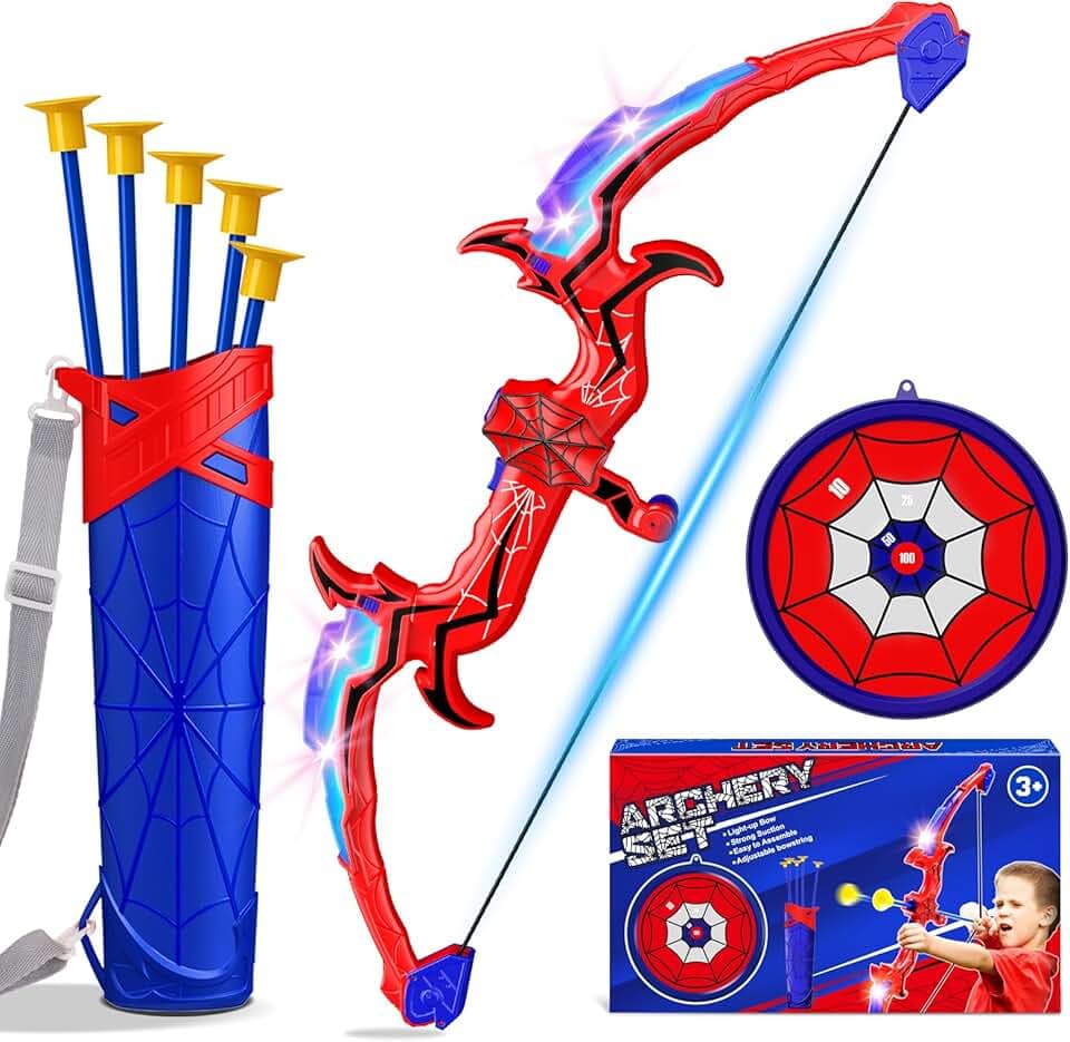 Outdoor Toys for Ages 3-5 Boys, Spider Bow and Arrow for Kids 3-7 Archery Set with LED Lights Target Toys for Boys 3 4 5 6 Bow Arrow Shooting Outdoor Games for Kids Ages 5-8 Girls Gifts