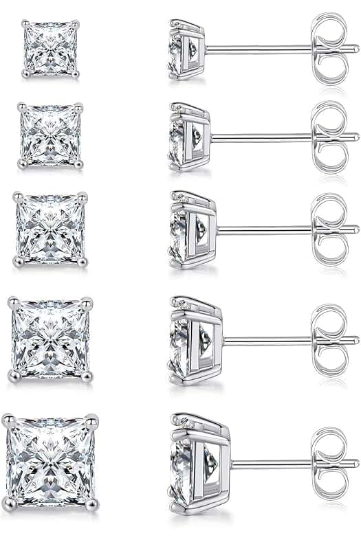MDFUN 18K White Gold/Yellow Gold/Rose Gold Plated Princess Cut Square Clear Cubic Zirconia Stud Earring Pack of 5 Pairs