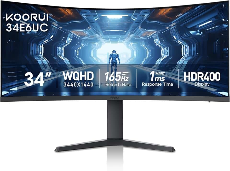 KOORUI 34-inch Curved Ultrawide WQHD 3440×1440 Gaming Monitor, 165Hz 1000R- PIP/PBP, 1ms(MPRT), HDR400, DCI-P3 95%, FreeSync Premium, 1 x DP 1.4 & 2 x HDMI 2.0, Tilt Height Swivel Adjustment, 34E6UC