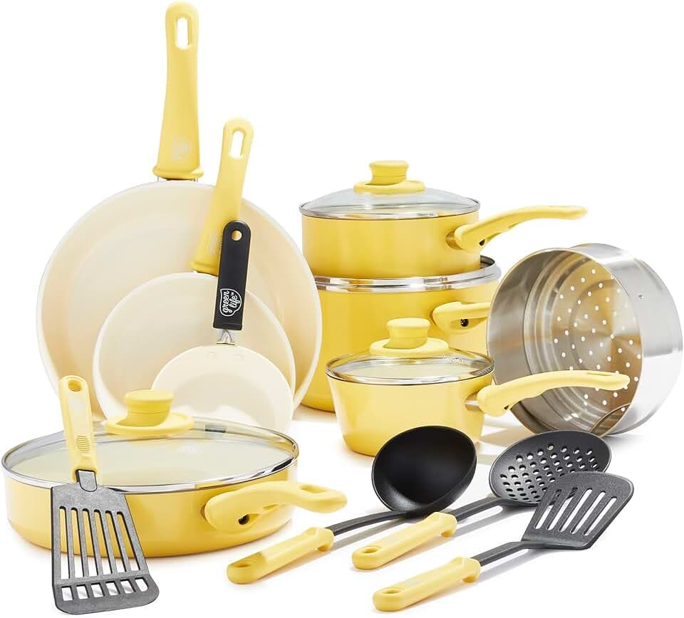 GreenLife 16 Piece Nonstick Cookware Set, Soft Grip Non-Toxic PFAS-Free Ceramic Pots & Pans, Dishwasher & Oven Safe, Frying, Sauce, Saute, Utensils, Glass Lids, Stay-Cool Handles, Wobble Free, Yellow