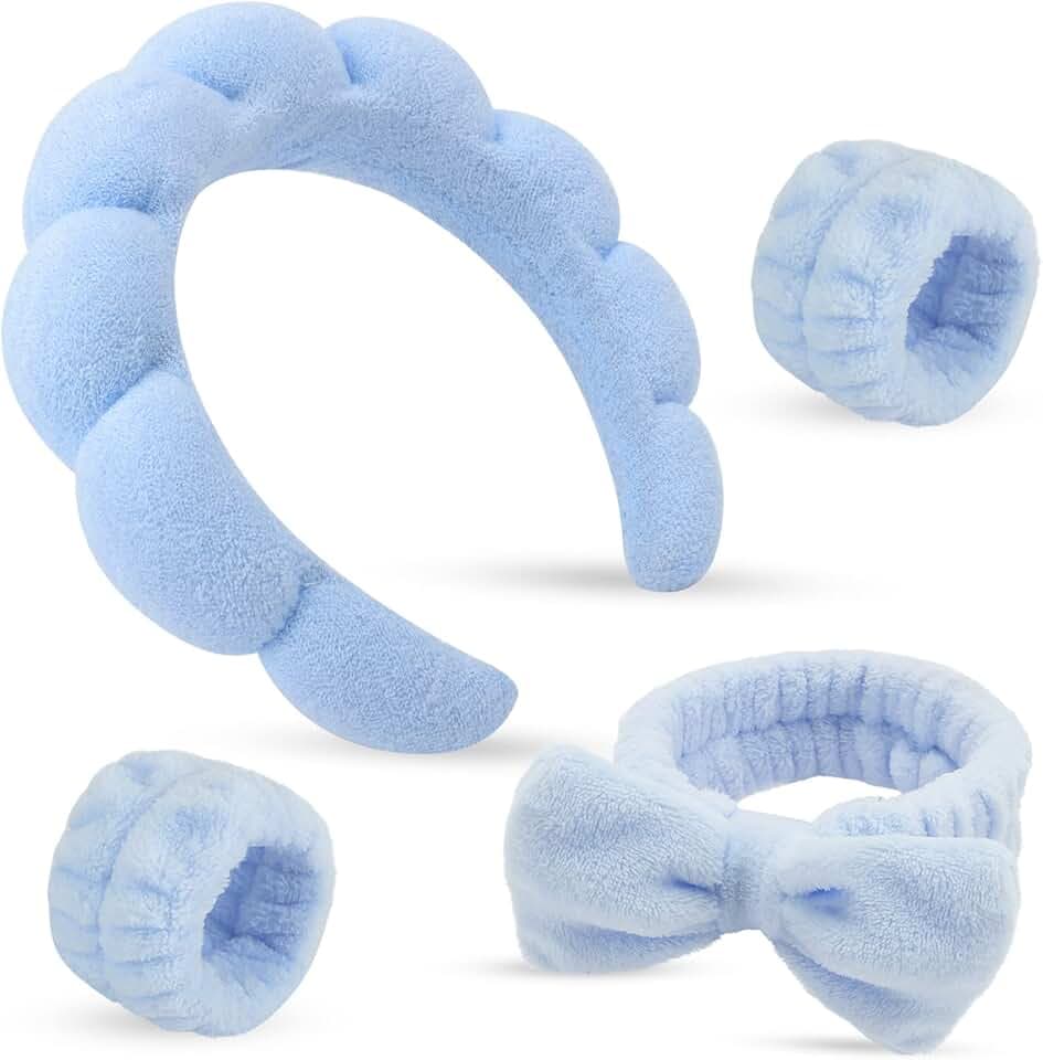 Sponge Spa Headbands for Women & Wristband Set,Puffy Makeup Headband Set for Washing Face,Soft Towel Skin Care Head Band,Cute Hair Band Shower 4 Pcs