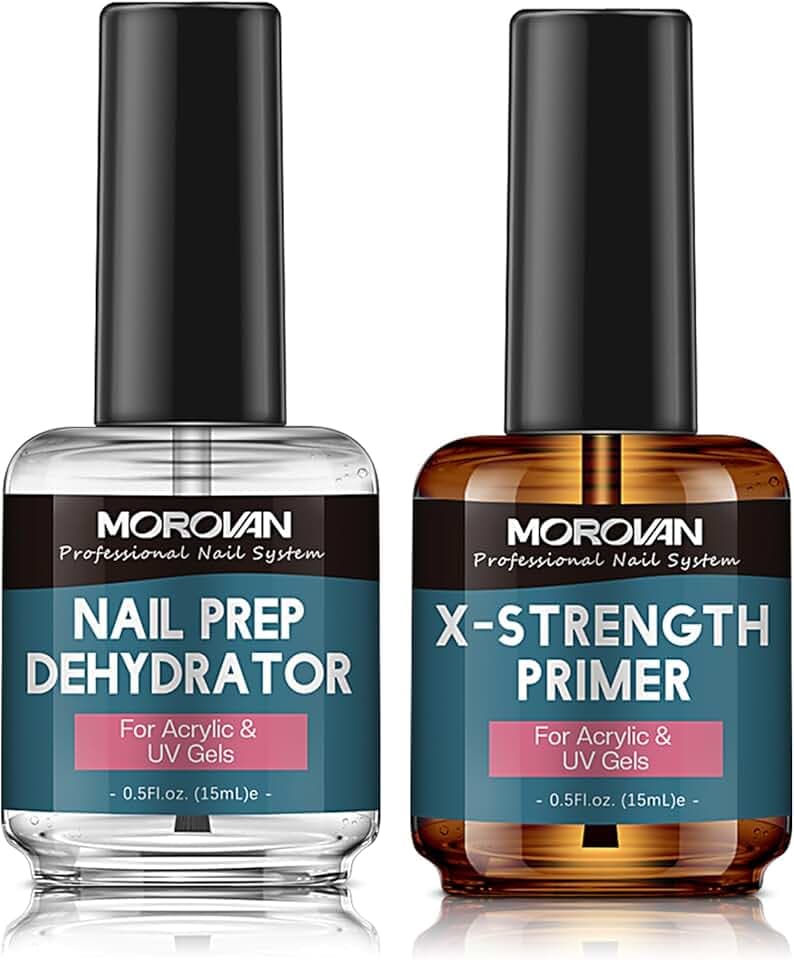 Morovan Nail Prep Dehydrate and Primer X-strength, No Burn Non Acid Nail Primer and Dehydrator for Acrylic Powder Fast Dry 0.5oz