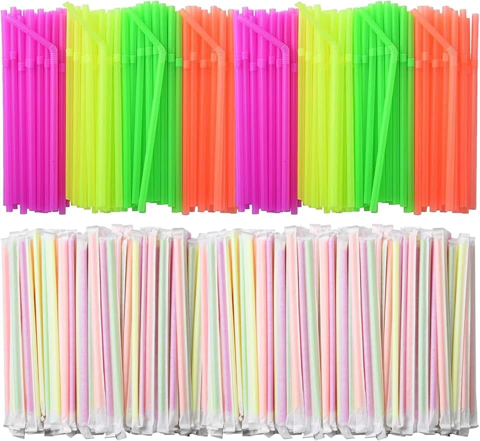 ALINK 1000 Count Neon Flexible Plastic Drinking Straws, Individually Wrapped, Disposable Bendy Straws - 7.75 in x 0.23 in