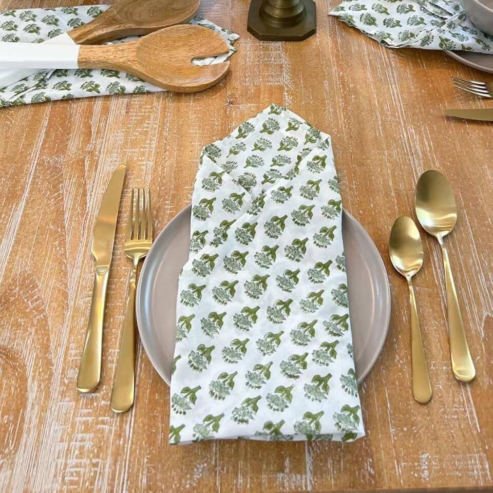 CPC Cloth Napkins Set of 6 Cotton Printed Dinner Block Print Napkins I Wedding Cocktail Cloth Floral Napkins I 18x18 in I Emerald Green