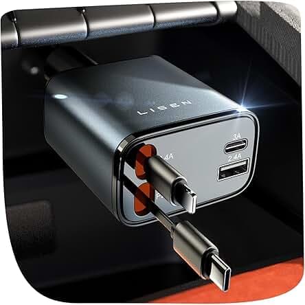 LISEN Retractable Car Charger, 69W USB C Car Accessories Adapter for iPhone 16 USB C Charger Fast Charging, Truck Accessories, Travel Essentials Gifts for Women Men, for iPhone 16 15 14 13 12 Pro Max