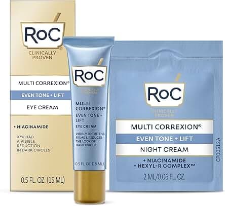 RoC Multi Correxion 5 in 1 Anti-Aging Eye Cream for Puffiness, Under Eye Bags & Dark Circles, Skin Care Treatment with Shea Butter, (.5 oz) with Night Cream Packette (Packaging May Vary)