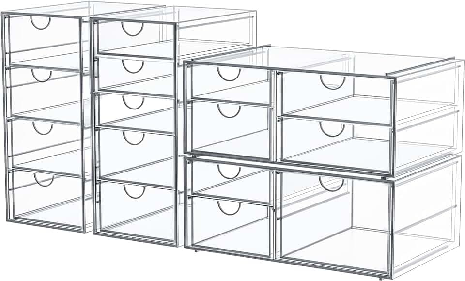 Makeup Organizer Storage With 16 Drawers, 4 Pcs Desktop Office Supplies, Desk Organizers, Clear Accessories, Dustproof Drawer and for Make Up, Jewelry, Pen, Stationary