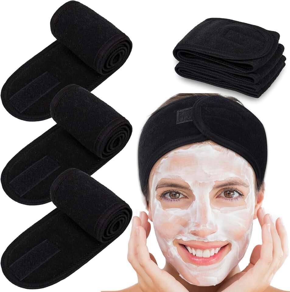 Whaline Spa Facial Headband Head Wrap Terry Cloth Headband 4 Counts Stretch Towel for Bath, Makeup and Sport (Black)