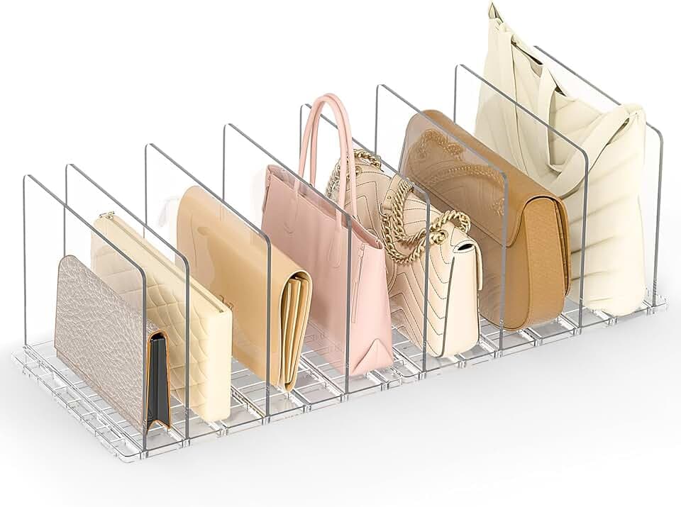 Bag Purse Organizer for Closet: Shelf Dividers Adjustable Acrylic Handbag Storage - Plastic Closet Organizers and Storage for Clutches - Keep Carteras & Pocketbook Upright