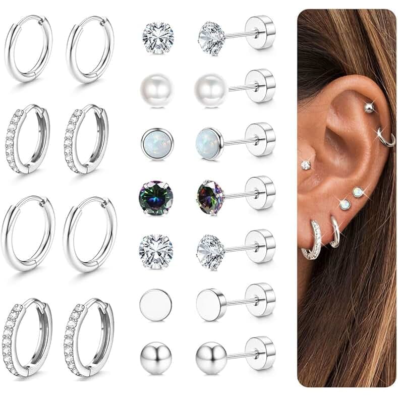 Jstyle Hypoallergenic Stud Hoop Earrings for Women Flat Back Cartilage Earrings Small Silver Hoops Surgical Stainless Steel Earring Trendy Earring Stacks Set Multiple Piercing Jewelry Gifts for Women