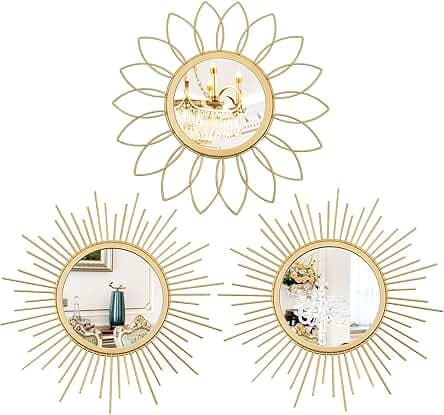 3 Pack Metal Mirrors for Wall Sunburst Wall Mirrors Home Décor Decorative Hanging Wall Art for Living Room Bedroom Entryway (Gold, Flower+Sunburst)