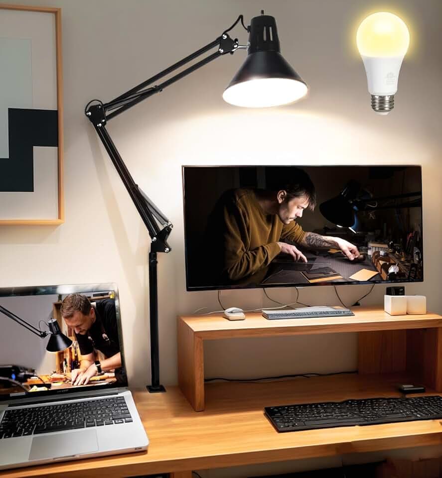 Desk Lamp for Home Office Eye-Caring Metal Extra Tall Swing Arm High Intensity Clamp Flexible Gooseneck w/A19 E26 LED Bulb Side Table Working Reading Architect Computer Workbench Puzzle Warm Light