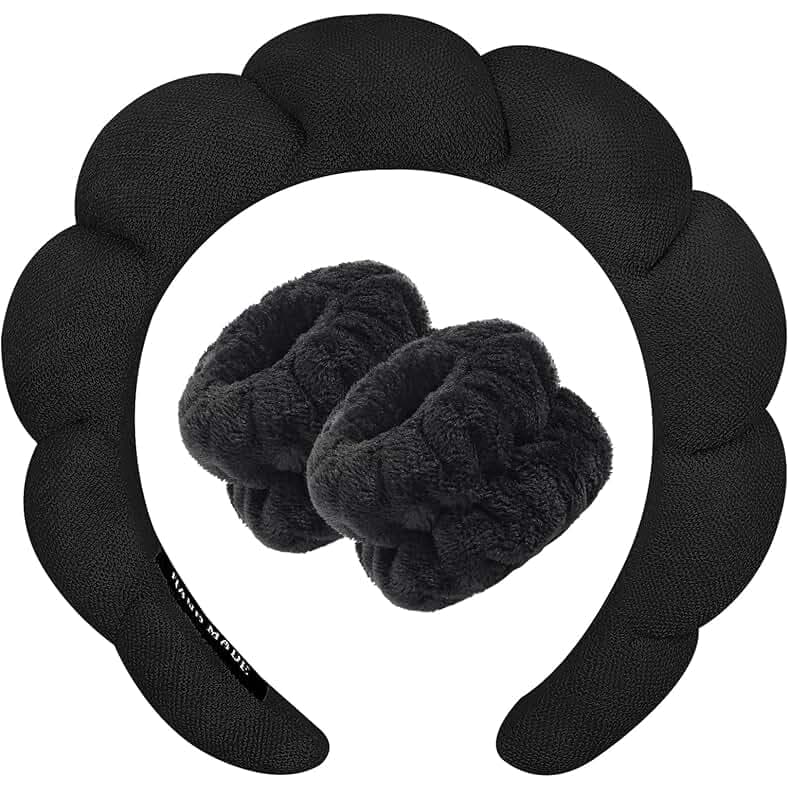 Zkptops Spa Headband for Washing Face Wristband Sponge Makeup Skincare Headband Terry Cloth Bubble Soft Get Ready Hairband for Women Girl Puffy Padded Headwear Non Slip Thick Hair Accessory(Black)