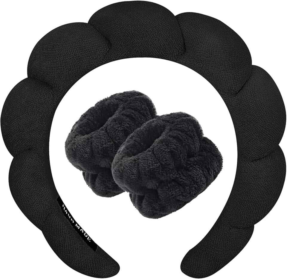 Zkptops Spa Headband for Washing Face Wristband Sponge Makeup Skincare Headband Terry Cloth Bubble Soft Get Ready Hairband for Women Girl Puffy Padded Headwear Non Slip Thick Hair Accessory(Black)