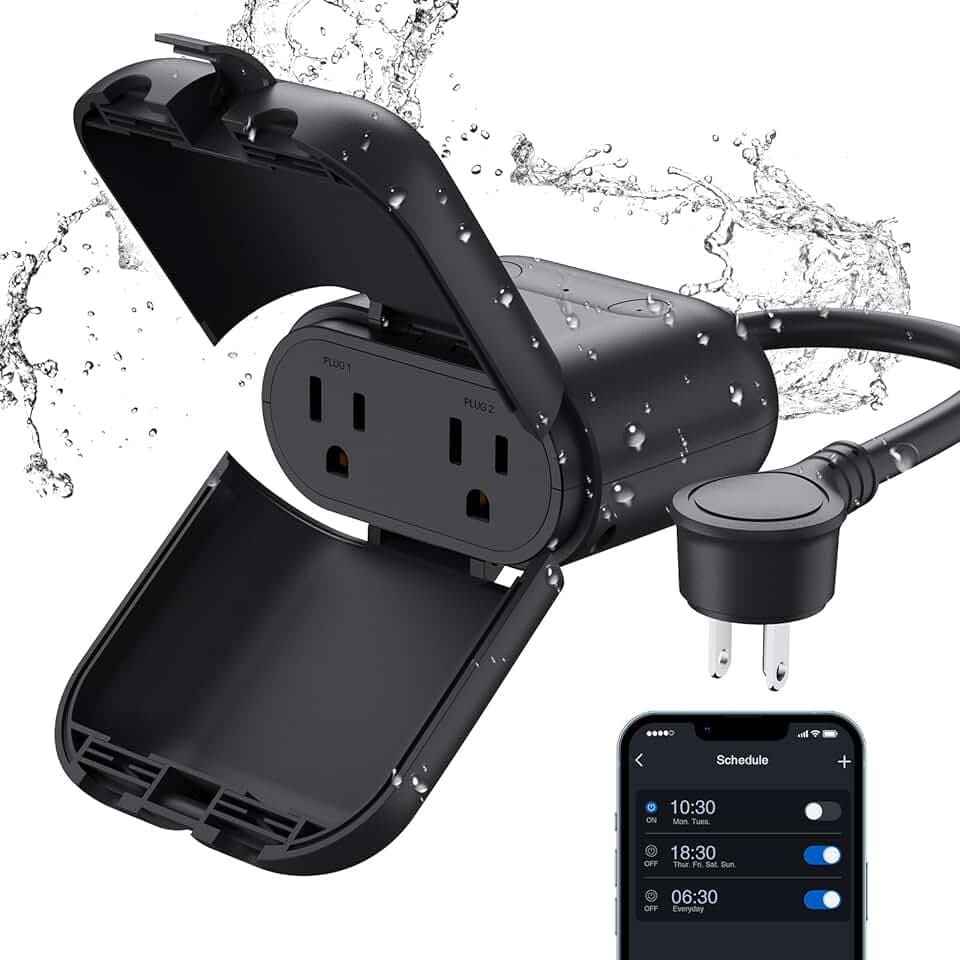 ELEGRP PQR20 Outdoor Smart Plug Waterproof IP66, WiFi Plug with 2 Individually Sockets, Compatible with Alexa & Google Assistant, Smart Outdoor Outlet for String Lights, UL Certified, 1 Pack, Black