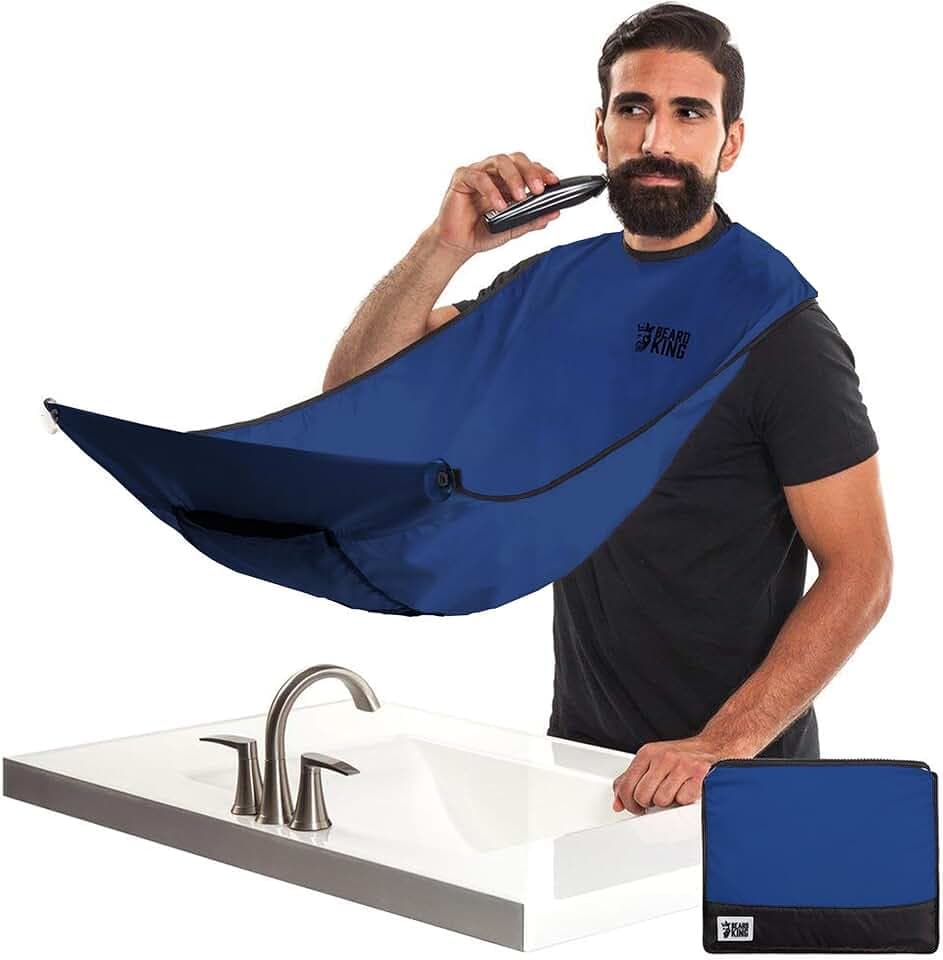 BEARD KING Beard Bib Apron - Shaving Set for Dad - As Seen on Shark Tank - Men's Hair Catcher for Shaving - Grooming Accessories - Packing Pouch, Blue